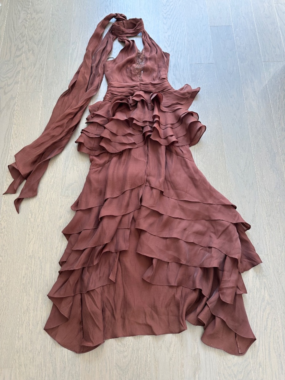 Elliatt Rosera Chocolate Brown Halter Gown Tiered Ruffle Lace - SMALL - Picture 2 of 9